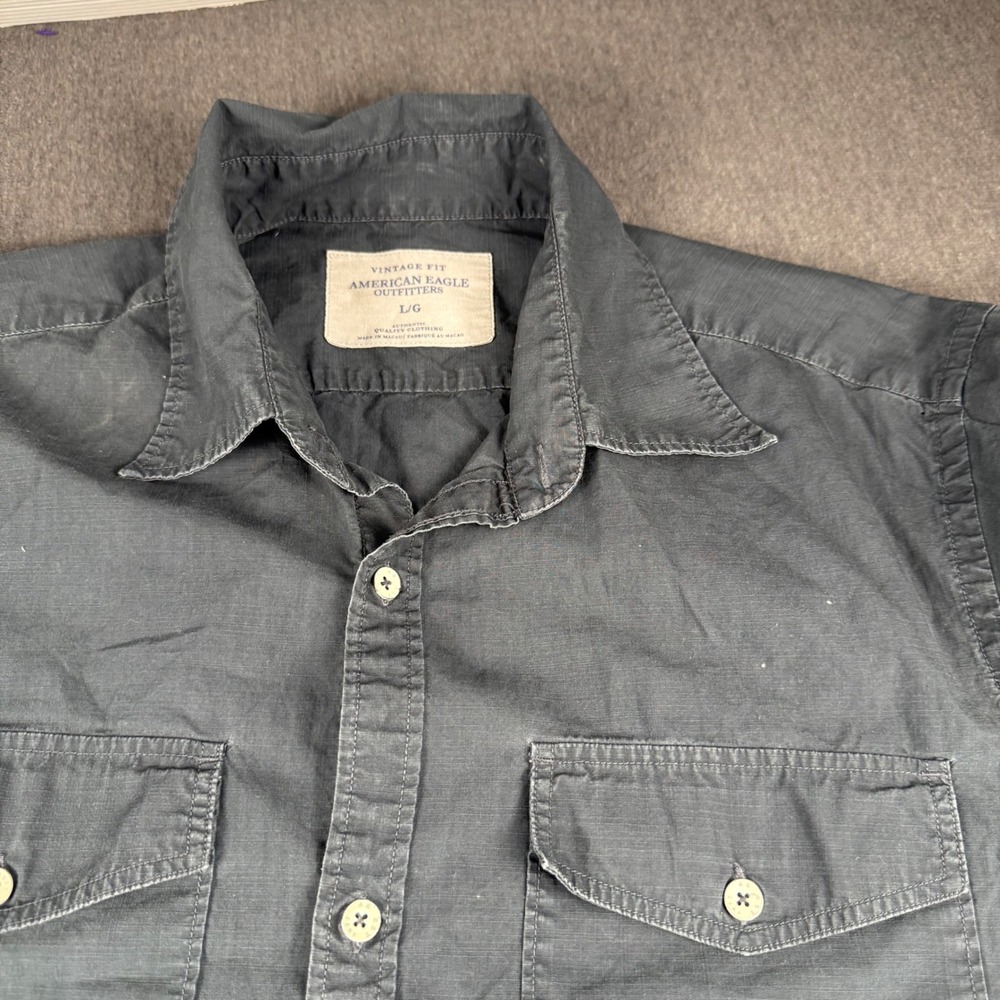 American Eagle Mens Vintage Fit Ripstop Short Sleeve Button Down Shirt Gray L